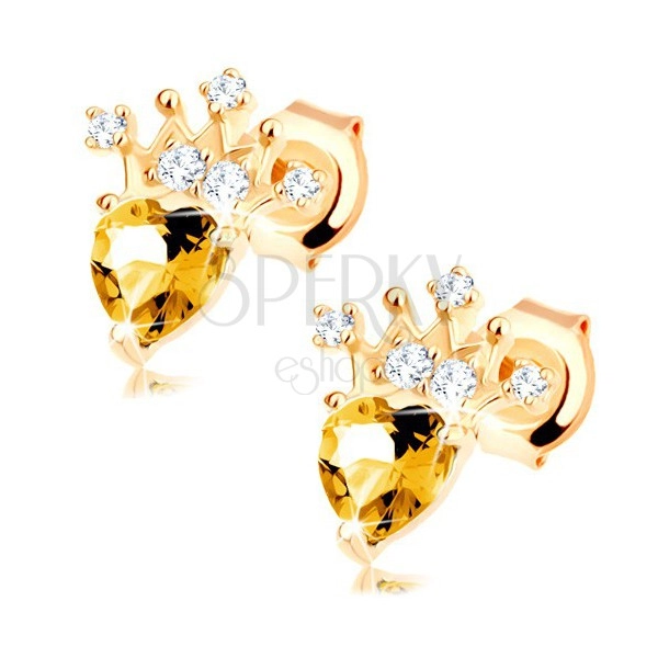 375 arany fülbevaló szív alakú sárga citrin, csillogó korona