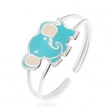 925 ezüst gyűrű, kicsi, aranyos elefánt, kék és fehér fénymázzal fedve