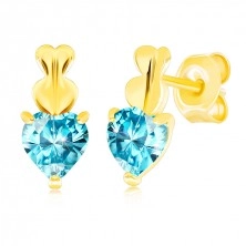 375 arany fülbevaló - két apró szívecske és kék színű szív alakú topáz