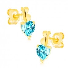 375 arany fülbevaló - két apró szívecske és kék színű szív alakú topáz