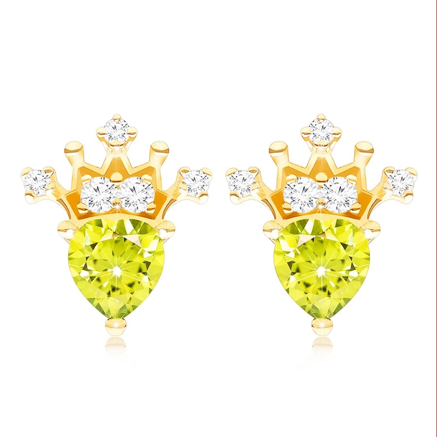 375 arany fülbevaló - zöld olivin szívecske, csillogó korona 