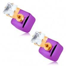 Bedugós fülbevaló, fényes lila kocka, átlátszó cirkónia fogatban