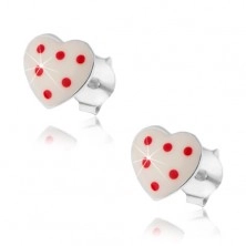Bedugós fülbevaló, 925 ezüst, domború fehér szív piros pontokkal