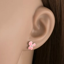 Bedugós fülbevaló, 925 ezüst, rózsaszín virág aszimmetrikus szirmokkal