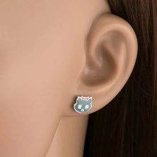 925 ezüst fülbevaló, macska szürke színben, piros masnival és fehér szemmel díszítve