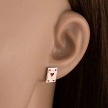 925 ezüst fülbevaló, fehér kártya - piros szív, stekker