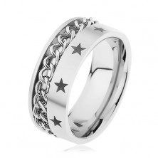 Ezüst színű acél gyűrű, lánccal és csillagokkal díszítve