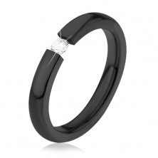 Fényes karikagyűrű sebészeti acélból, fekete színben, kerek, átlátszó cirkóniával, 3 mm