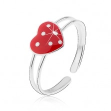 Gyűrű 925 ezüstből, dupla szárú, piros szív fehér pontokkal