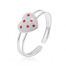 Dupla szárú 925 ezüst gyűrű, fehér szív piros pontokkal