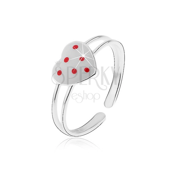 Dupla szárú 925 ezüst gyűrű, fehér szív piros pontokkal