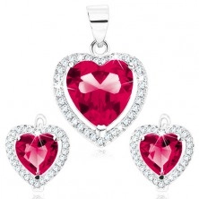 Fülbevaló és medál szett 925 ezüstből, pirosasrózsaszín szív, átlátszó kontúrral