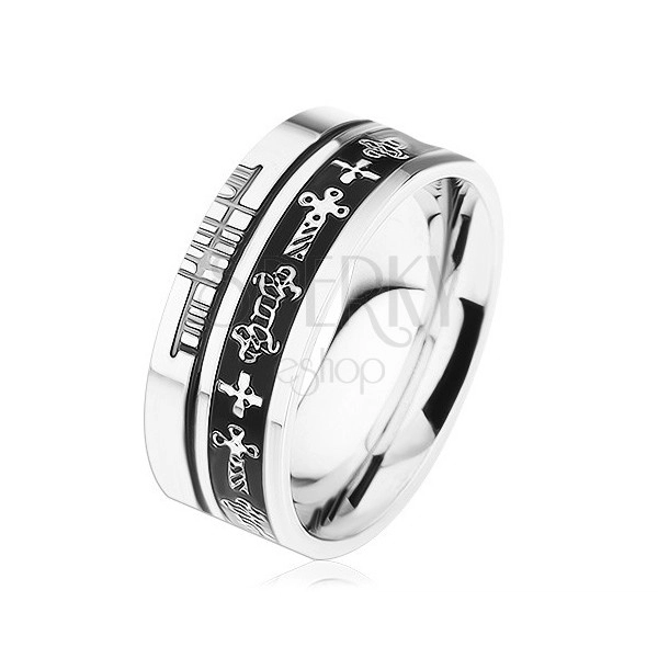 Ezüst színű acél gyűrű, fekete sávokkal  és keltai szimbólumokkal ellátva