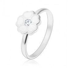 Gyűrű 925 ezüstből, fehér fénymázas virág - szívecskés szirom, cirkónia