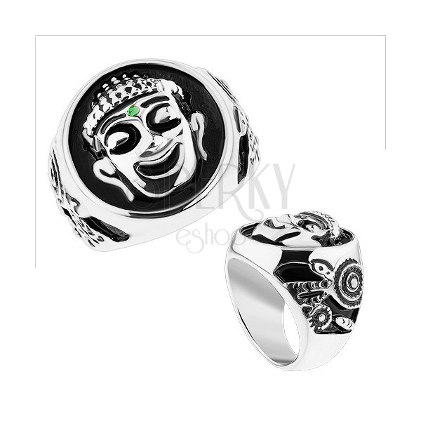 Masszív gyűrű, 316L acél, ezüst szín, fekete fénymáz, mosolygós Budha