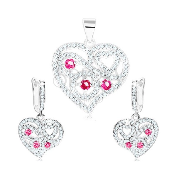 Szett - 925 ezüst fülbevaló és medál, átlátszó szív, spirálok, rózsaszín cirkóniák