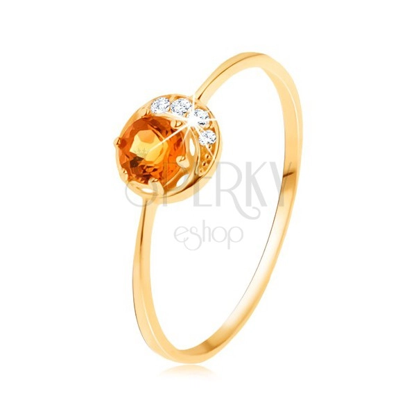 Gyűrű 9K sárga színű aranyból - keskeny holdsarló, sárga citrin, cirkóniákkal átlászó színben