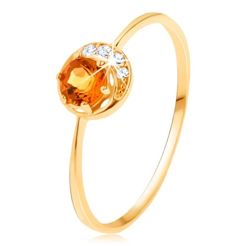 Gyűrű 9K sárga színű aranyból - keskeny holdsarló, sárga citrin, cirkóniákkal átlászó színben - Nagyság: 55