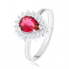 925 ezüst gyűrű, rubinvörös cirkóniás könnycsepp, átlátszó, csillogó szegéllyel