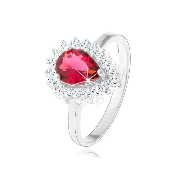 925 ezüst gyűrű, rubinvörös cirkóniás könnycsepp, átlátszó, csillogó szegéllyel