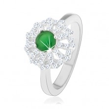 Gyűrű 925 ezüstből, virág átlátszó szirom körvonallal és zöld cirkóniás középpel