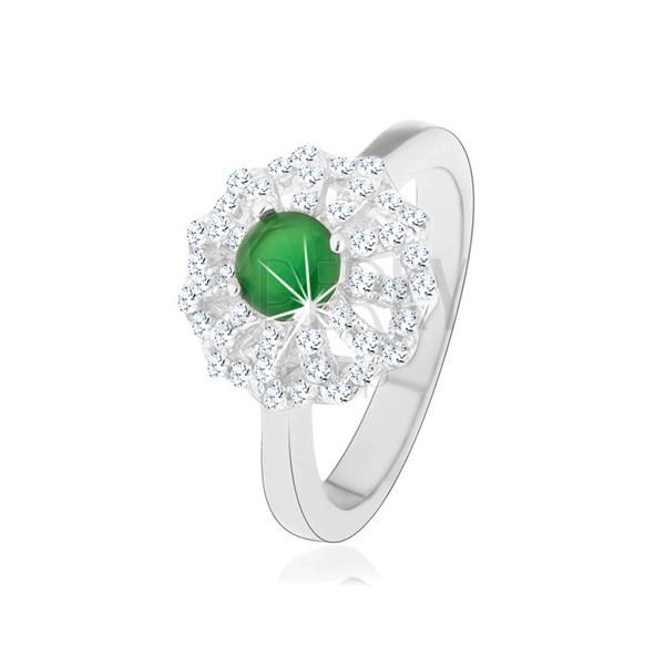 Gyűrű 925 ezüstből, virág átlátszó szirom körvonallal és zöld cirkóniás középpel