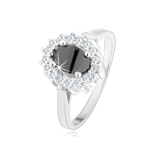 925 ezüst gyűrű, fekete ovális cirkónia, csillogó körvonallal, ródiumozott