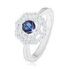 925 ródiumozott ezüst gyűrű, nap - kék, kerek cirkónia, kettős átlátszó szegéllyel