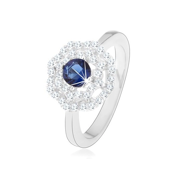 925 ródiumozott ezüst gyűrű, nap - kék, kerek cirkónia, kettős átlátszó szegéllyel