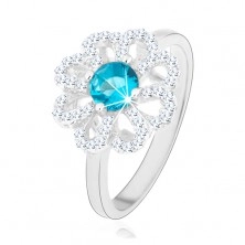 Csillogó gyűrű, 925 ezüst, cirkóniás virág - átlátszó szirmokkal és világoskék középpel