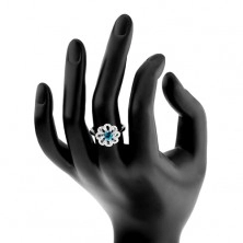 Csillogó gyűrű, 925 ezüst, cirkóniás virág - átlátszó szirmokkal és világoskék középpel