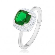 925 ezüst gyűrű, zöld csiszolt cirkónia - négyszög, csillogó szegély