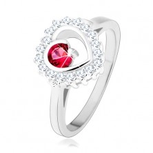 925 ezüst gyűrű, ródiumozott, átlátszó cirkóniás szegély, kör alakú rózsaszín cirkónia