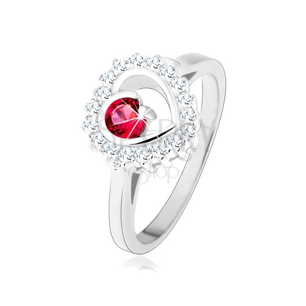 925 ezüst gyűrű, ródiumozott, átlátszó cirkóniás szegély, kör alakú rózsaszín cirkónia