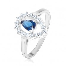 925 ezüst gyűrű, átlátszó fordított könnycsepp alakú cirkónia szegély, cirkónia kék színben