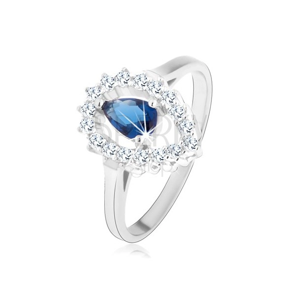 925 ezüst gyűrű, átlátszó fordított könnycsepp alakú cirkónia szegély, cirkónia kék színben