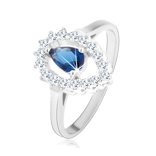 925 ezüst gyűrű, átlátszó fordított könnycsepp alakú cirkónia szegély, cirkónia kék színben - Nagyság: 49