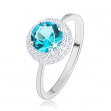 Csillogó gyűrű, 925 ezüst, kerek cirkónia tengerkék színben, átlátszó szegéllyel