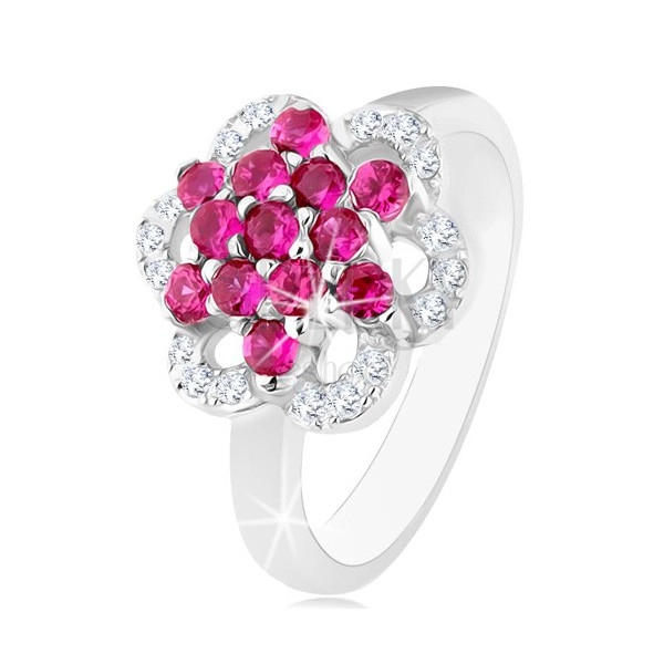 Csillogó gyűrű, 925 ezüst, fényes szárú, virág rózsaszín és átlátszó cirkóniákból 