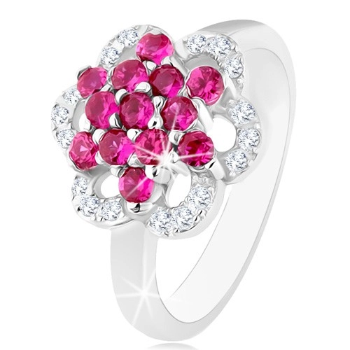 Csillogó gyűrű, 925 ezüst, fényes szárú, virág rózsaszín és átlátszó cirkóniákból  - Nagyság: 59