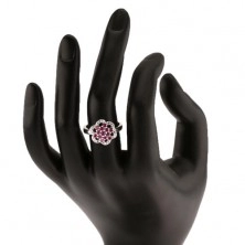 Csillogó gyűrű, 925 ezüst, fényes szárú, virág rózsaszín és átlátszó cirkóniákból 