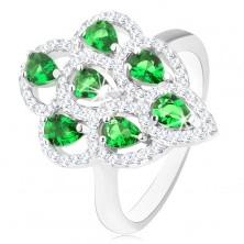 Gyűrű 925 ezüstből, csillogó rojt zöld cirkóniákkal és átlátszó szegéllyel