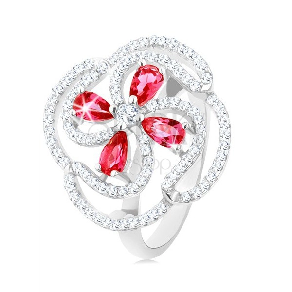 Gyűrű, 925 ezüst, domború virág rózsaszn cirkóniás könnycseppből és átlátszó vonalakból
