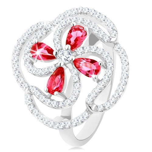 Gyűrű, 925 ezüst, domború virág rózsaszn cirkóniás könnycseppből és átlátszó vonalakból - Nagyság: 52