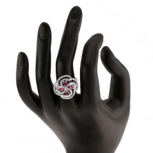 Gyűrű, 925 ezüst, domború virág rózsaszn cirkóniás könnycseppből és átlátszó vonalakból