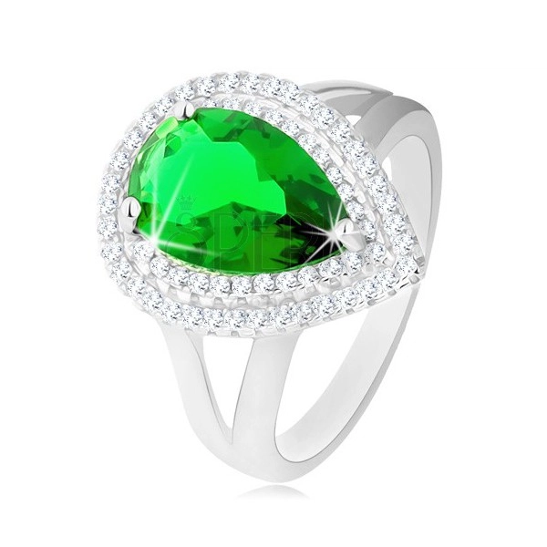 925 ezüst gyűrű, zöld cirkóniás könnycsepp, dupla, csillogó szegéllyel