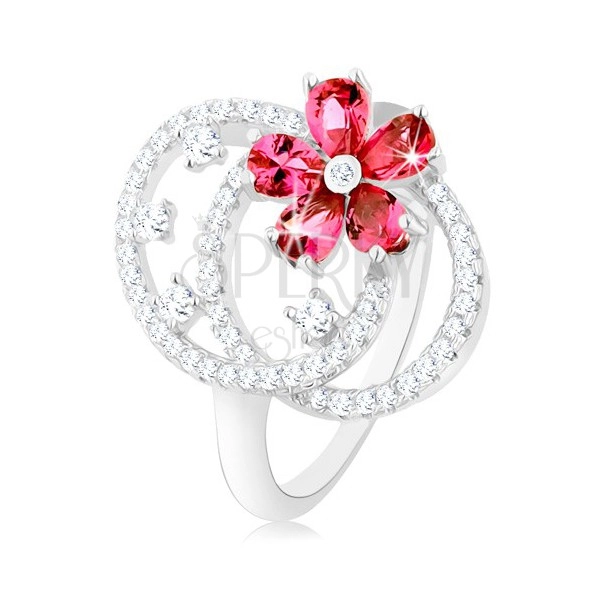 Gyűrű, 925 ezüst, két ovális kontúr átlátszó cirkóniából, rózsaszín virággal díszítve