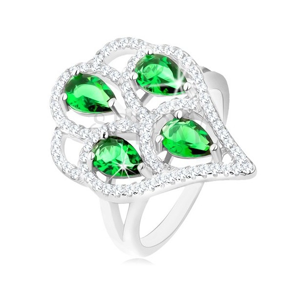 925 ezüst gyűrű, rojt zöld cirkóniás könnycsepp átlátszó szegéllyel