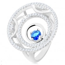 Gyűrű 925 ezüstből, három kör, fényes és csillogó vonalak, kerek, kék cirkóniával