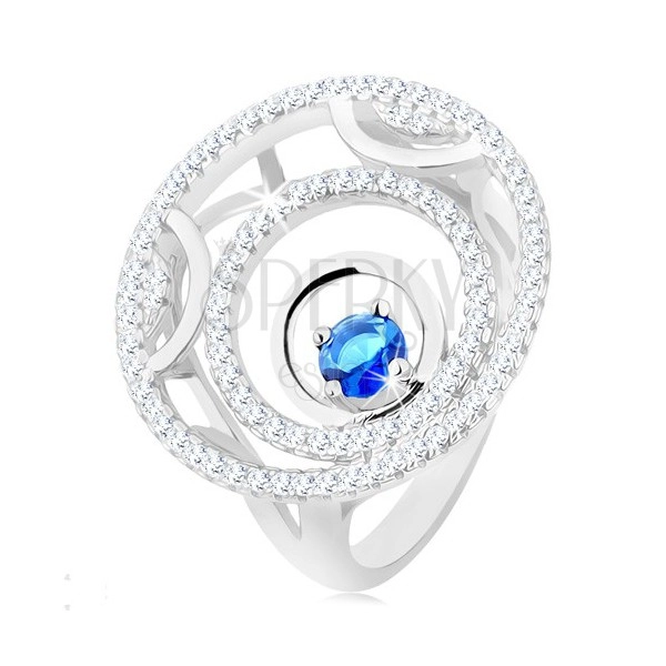 Gyűrű 925 ezüstből, három kör, fényes és csillogó vonalak, kerek, kék cirkóniával
